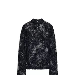 Zara Black Floral Lace High-Neck Blouse